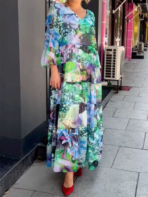 Floral Printed Long Sleeves V-Neck Maxi Dresses - Image 2