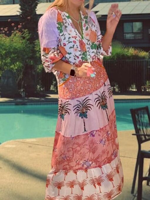 Floral Printed Loose Short Sleeves V-Neck Maxi Dresses - Image 2