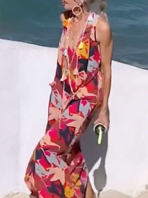 Floral Printed Loose Sleeveless V-Neck Maxi Dresses - Image 3