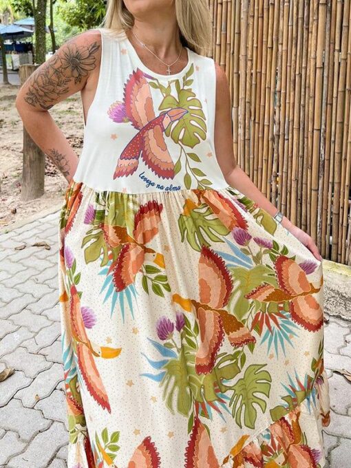 Floral Printed Split-Joint A-Line Loose Round-Neck Maxi Dresses