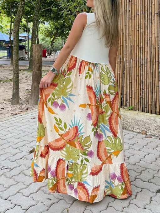 Floral Printed Split-Joint A-Line Loose Round-Neck Maxi Dresses - Image 2