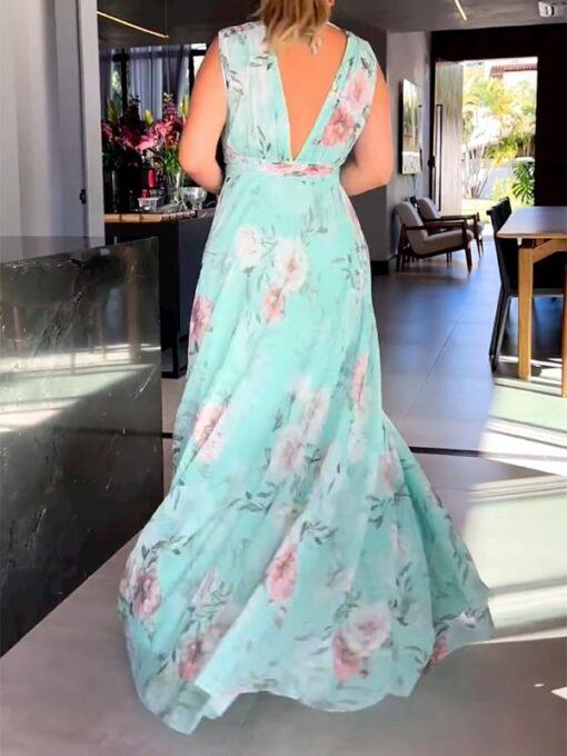 Floral Printed Split-Side Sleeveless V-Neck Maxi Dresses - Image 2