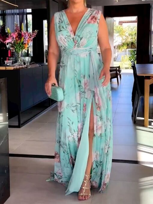 Floral Printed Split-Side Sleeveless V-Neck Maxi Dresses - Image 3