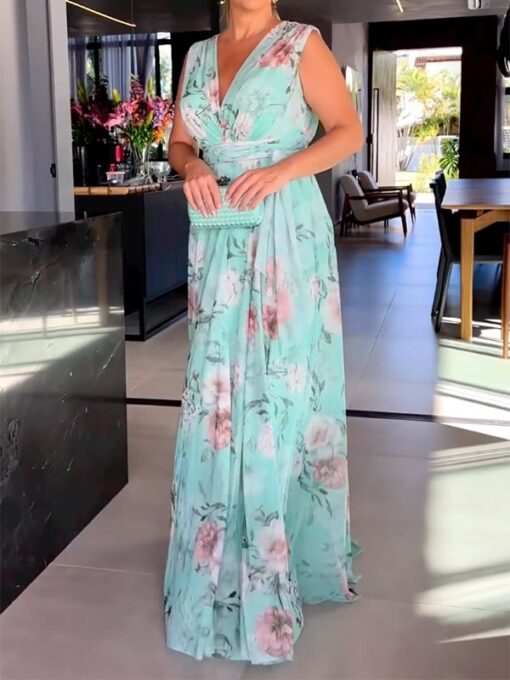 Floral Printed Split-Side Sleeveless V-Neck Maxi Dresses - Image 4