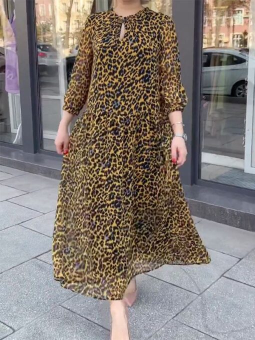 Leopard Long Sleeves Loose Round-Neck Maxi Dresses