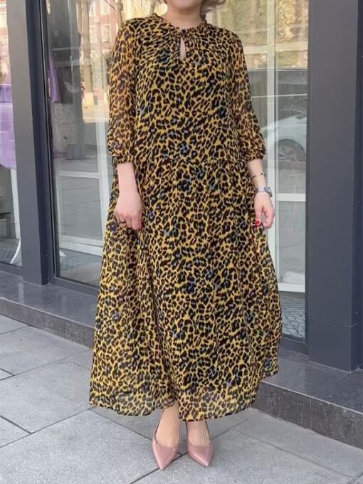 Leopard Long Sleeves Loose Round-Neck Maxi Dresses - Image 2