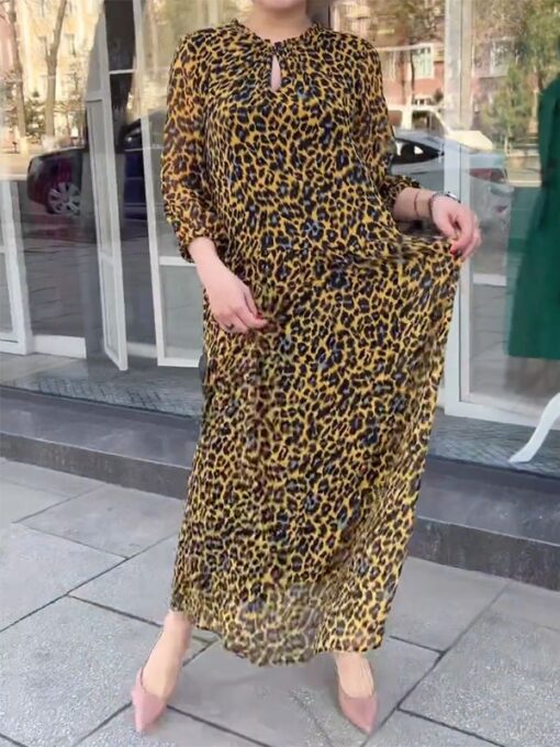 Leopard Long Sleeves Loose Round-Neck Maxi Dresses - Image 3