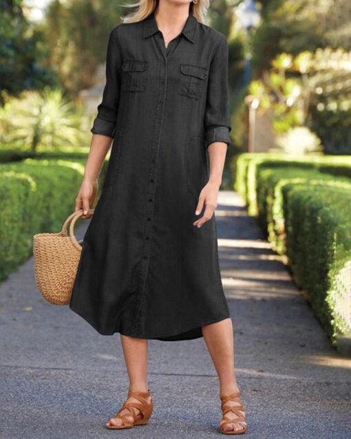 Long-sleeve Two-pocket Denim Dress - Image 2