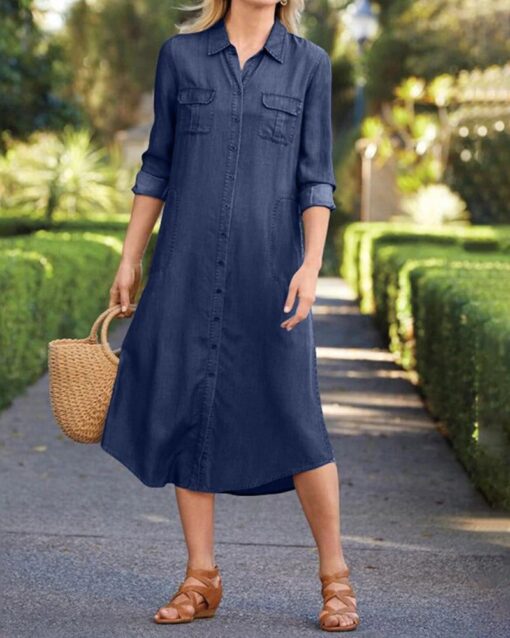 Long-sleeve Two-pocket Denim Dress - Image 3