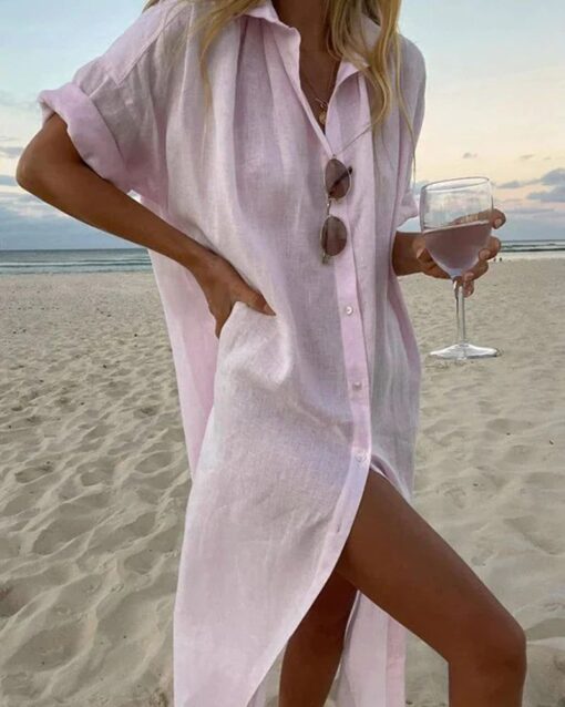 Long-sleeved Cotton Linen Shirt Dress - Image 2