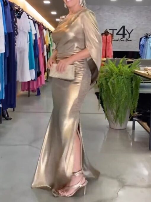 Metallic Solid Color Short Sleeves Round-Neck Maxi Dresses - Image 2