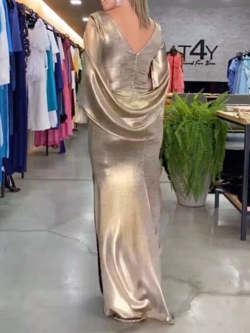 Metallic Solid Color Short Sleeves Round-Neck Maxi Dresses - Image 3