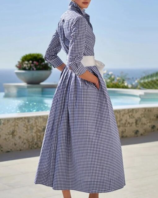 Plaid lapel lace-up dress - Image 3