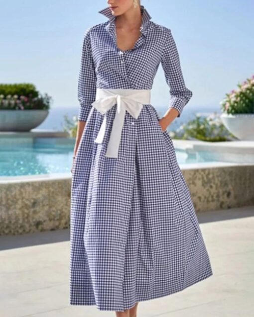 Plaid lapel lace-up dress - Image 4