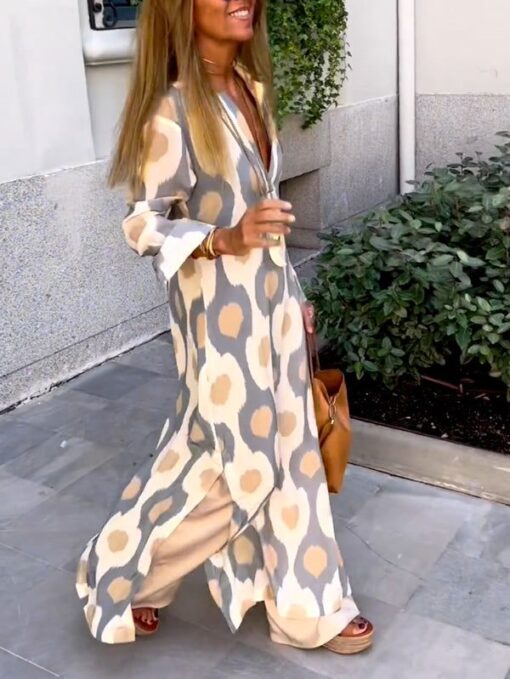 Printed Long Sleeves Loose V-Neck Maxi Dresses - Image 2