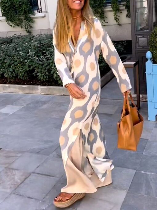 Printed Long Sleeves Loose V-Neck Maxi Dresses - Image 3