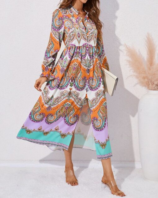 Printed Single-breasted Slit Long-sleeve Dress - Image 3