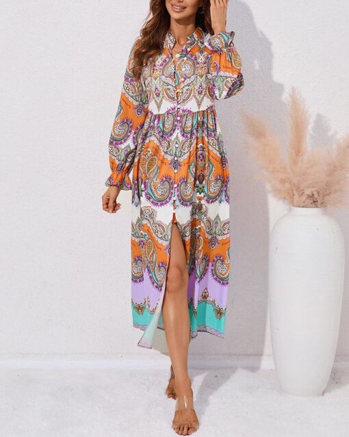 Printed Single-breasted Slit Long-sleeve Dress