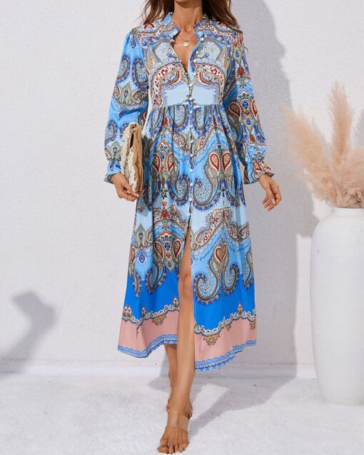 Printed Single-breasted Slit Long-sleeve Dress - Image 5