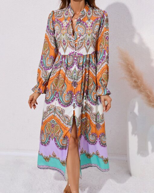 Printed Single-breasted Slit Long-sleeve Dress - Image 4