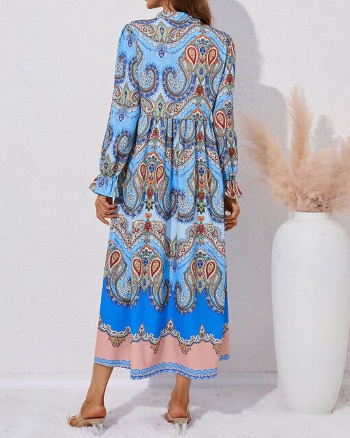 Printed Single-breasted Slit Long-sleeve Dress - Image 8