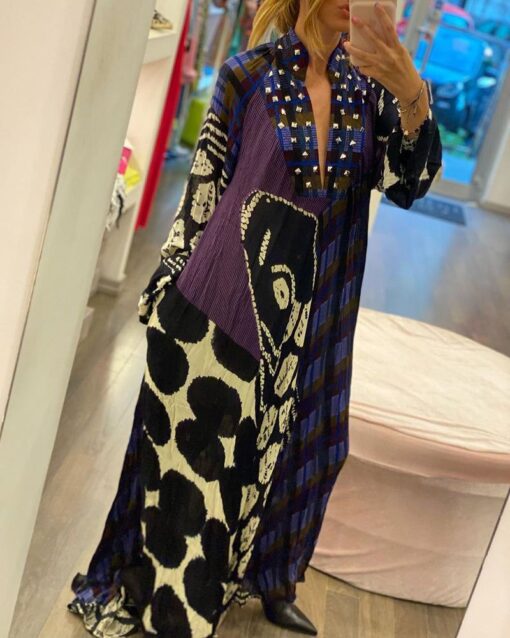 Printed V-neck Loose Gown Dress - Image 2