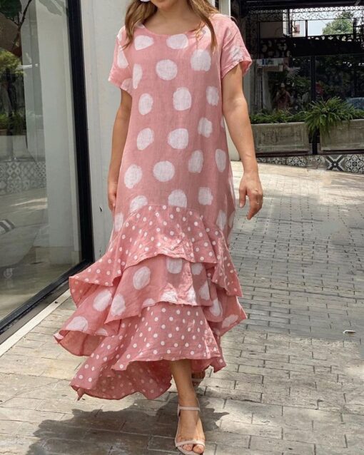 Round Neck Polka Dot Ruffle Patchwork Dress