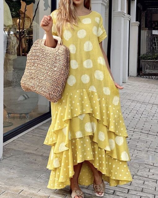 Round Neck Polka Dot Ruffle Patchwork Dress - Image 2