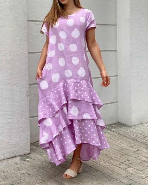 Round Neck Polka Dot Ruffle Patchwork Dress - Image 3