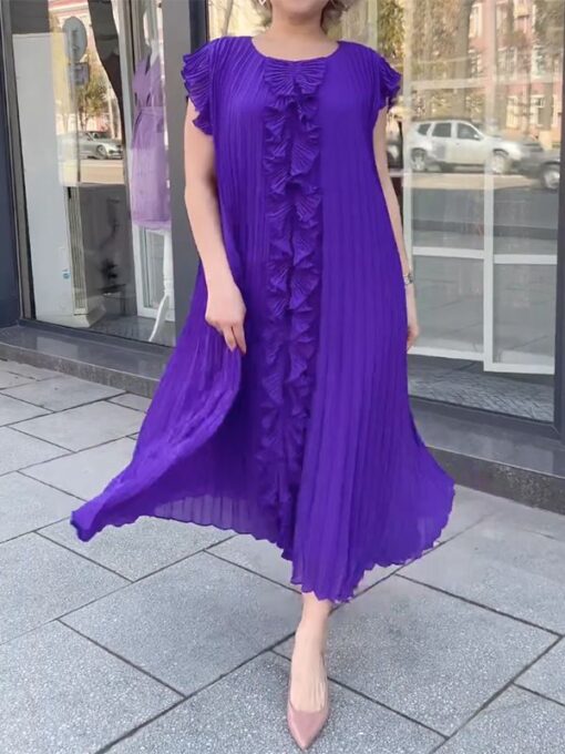 Ruffled Solid Color Loose Short Sleeves V-Neck Maxi Dresses