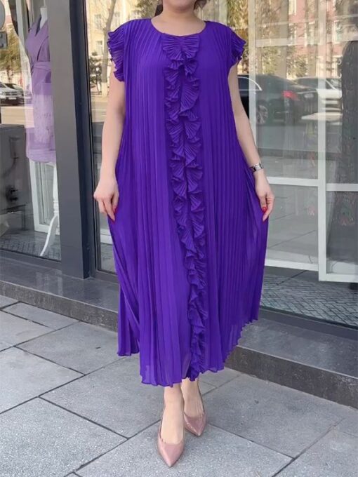 Ruffled Solid Color Loose Short Sleeves V-Neck Maxi Dresses - Image 3