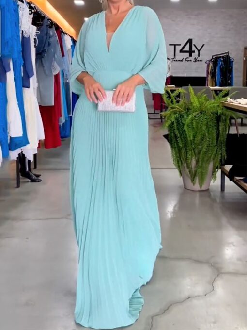 Solid Color Half Sleeves V-Neck Maxi Dresses - Image 2