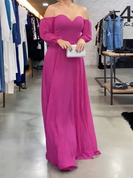 Solid Color Long Sleeves Loose Off-The-Shoulder Maxi Dresses - Image 2