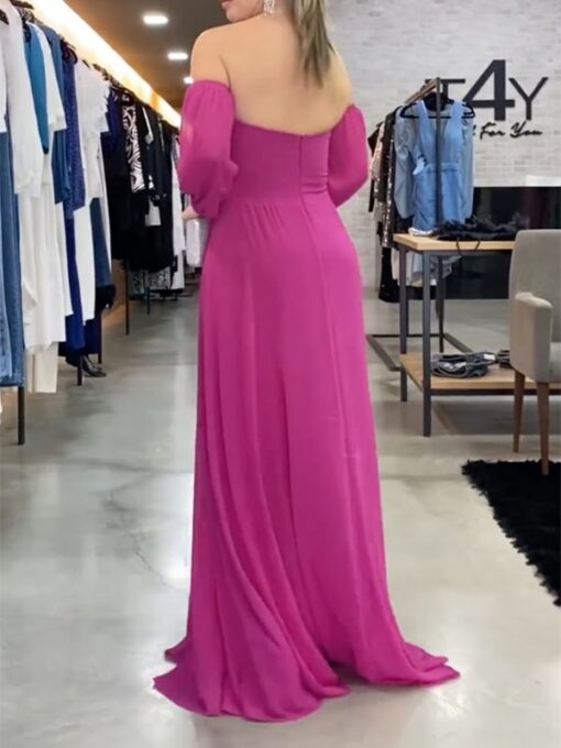 Solid Color Long Sleeves Loose Off-The-Shoulder Maxi Dresses - Image 3