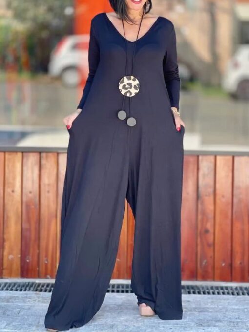 Solid Color Long Sleeves Loose V-Neck Jumpsuits