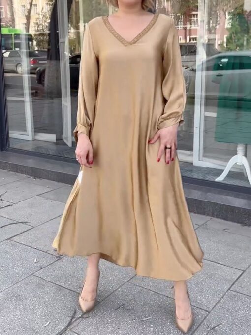 Solid Color Long Sleeves Loose V-Neck Maxi Dresses