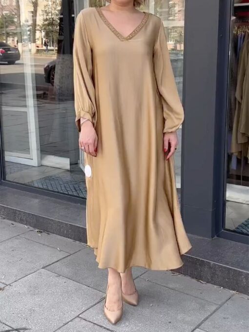 Solid Color Long Sleeves Loose V-Neck Maxi Dresses - Image 3