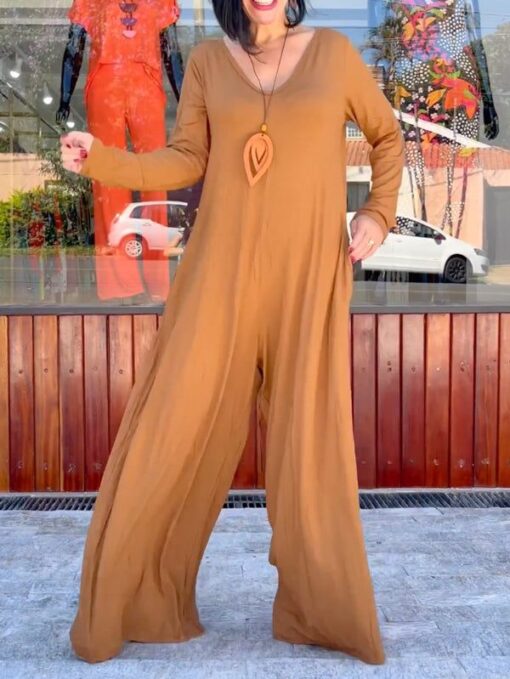 Solid Color Long Sleeves Wide Leg V-Neck Jumpsuits - Image 3