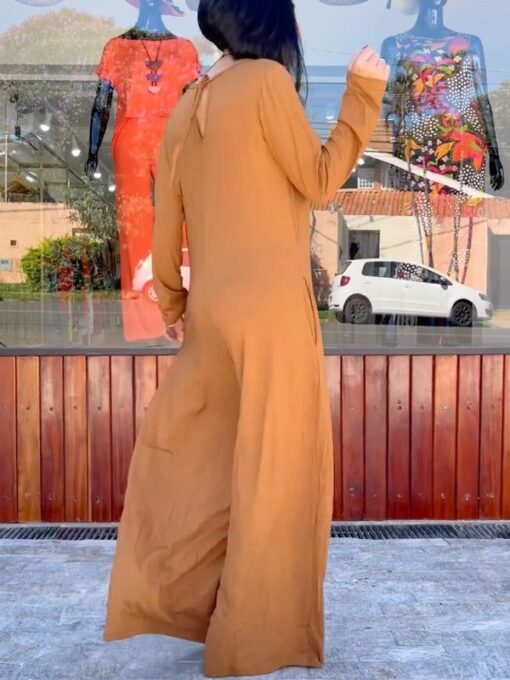 Solid Color Long Sleeves Wide Leg V-Neck Jumpsuits - Image 2