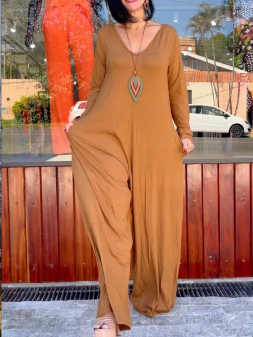 Solid Color Long Sleeves Wide Leg V-Neck Jumpsuits