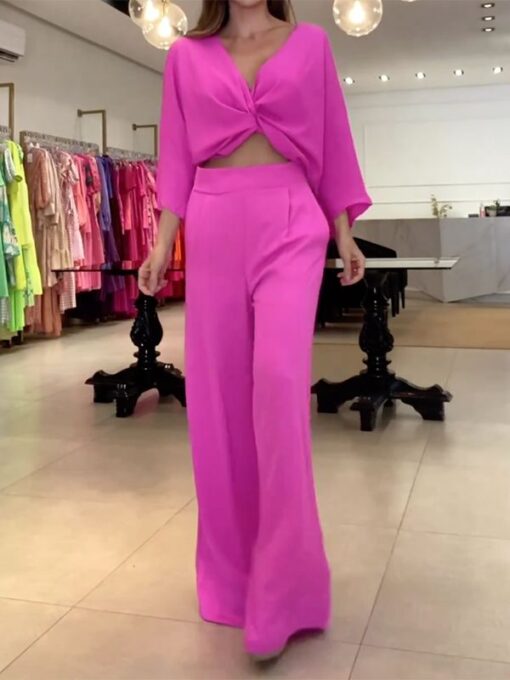 Solid Color Long Sleeves Wide Leg V-Neck Suits