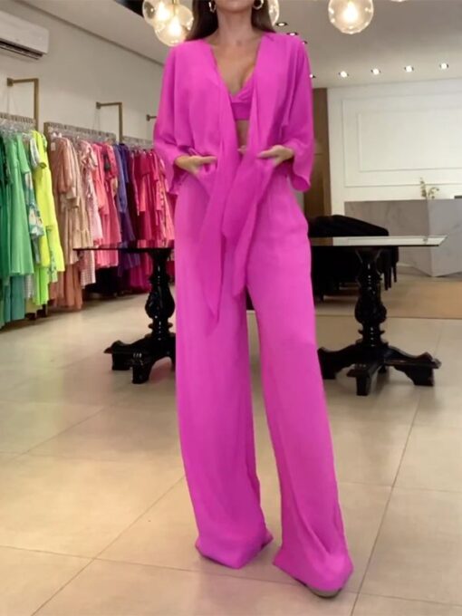 Solid Color Long Sleeves Wide Leg V-Neck Suits - Image 3