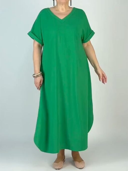 Solid Color Loose Short Sleeves V-Neck Maxi Dresses - Image 2