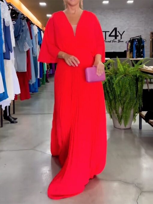 Solid Color Loose Short Sleeves V-Neck Maxi Dresses