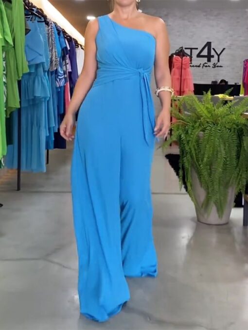 Solid Color Loose Sleeveless One-Shoulder Jumpsuits - Image 3