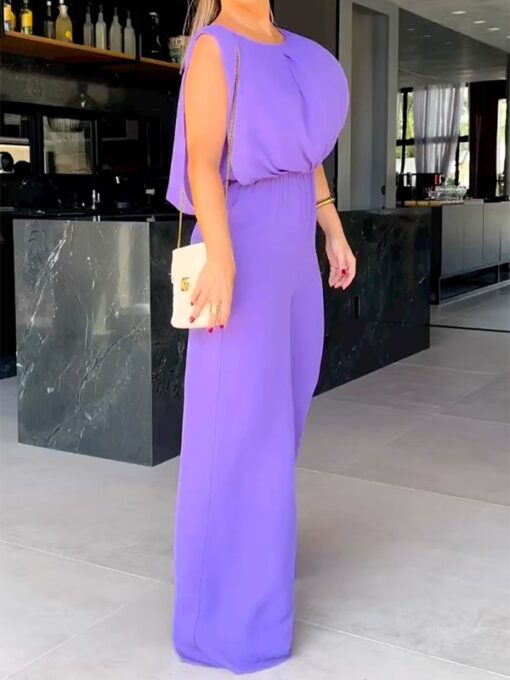 Solid Color Loose Sleeveless Round-Neck Jumpsuits - Image 3