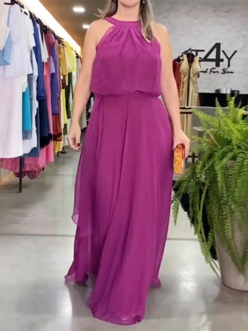 Solid Color Loose Sleeveless Round-Neck Maxi Dresses - Image 3