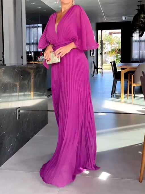 Solid Color Short Sleeves V-Neck Maxi Dresses - Image 2