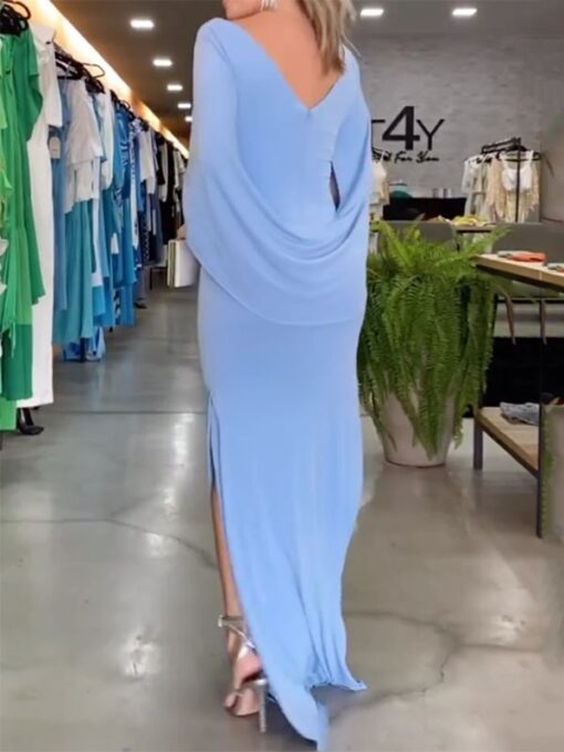 Solid Color Short Sleeves V-neck Maxi Dresses - Image 3