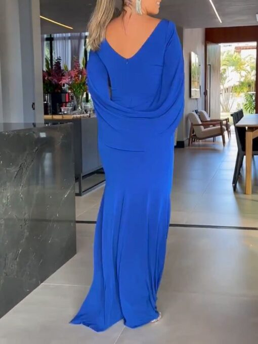 Solid Color Short Sleeves V-Neck Maxi Dresses - Image 3